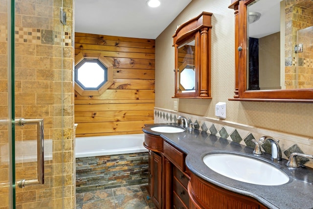 354 Sunset Hill Rd E, Fishkill, NY 12524 - bathroom with double vanity, tiled tub, and a tile shower