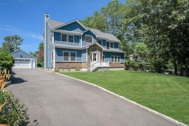 206 Brooksite Dr, Smithtown, NY 11787 - view of front of home featuring an outdoor structure, a garage, stone siding, a chimney, and a front lawn