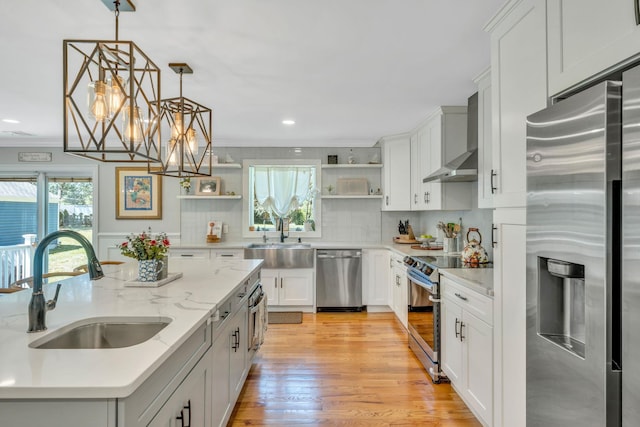 206 Brooksite Dr, Smithtown, NY 11787 - kitchen with appliances with stainless steel finishes, open shelves, wall chimney exhaust hood, a chandelier, and decorative backsplash