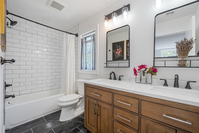 206 Brooksite Dr, Smithtown, NY 11787 - full bathroom featuring double vanity, shower / tub combo, and plenty of natural light