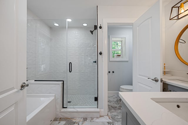 206 Brooksite Dr, Smithtown, NY 11787 - full bathroom with marble look tiles, vanity, a shower stall, a garden tub, and recessed lighting