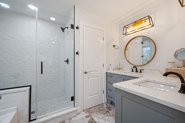 206 Brooksite Dr, Smithtown, NY 11787 - bathroom featuring marble finish floors, a shower stall, vanity, and recessed lighting
