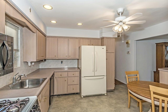 46 Pine St, Oceanside, NY 11572 - kitchen featuring black appliances, ceiling fan, light brown cabinets, backsplash, and recessed lighting