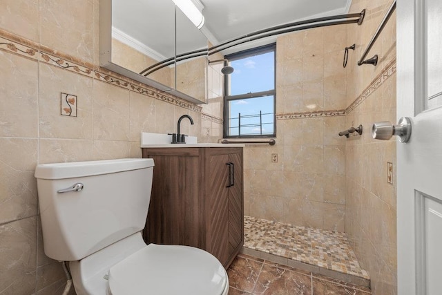 99-72 66th Rd Unit 9B, Rego Park, NY 11374 - bathroom with vanity, tile walls, and tiled shower