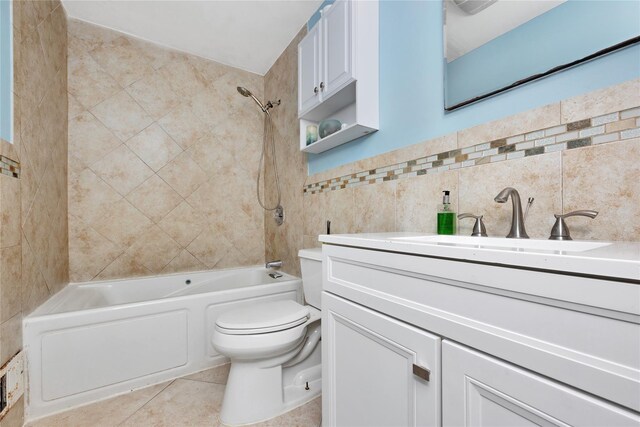 26 Shenandoah Blvd, Port Jefferson Station, NY 11776 - full bathroom with vanity, tile walls, shower / bath combination, and tile patterned floors