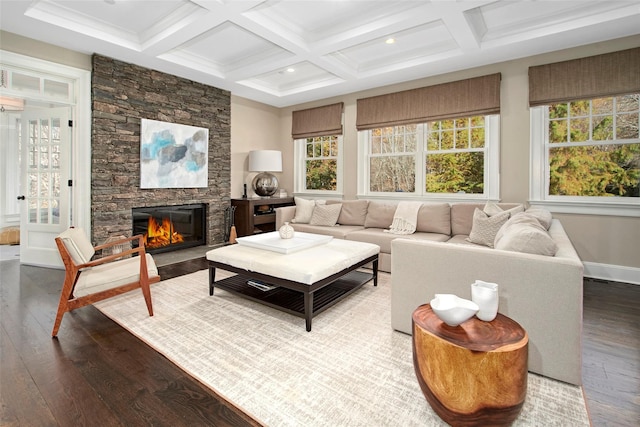 5 Sutton Farm Dr, Chappaqua, NY 10514 - living area with hardwood / wood-style floors, a stone fireplace, coffered ceiling, beamed ceiling, and recessed lighting