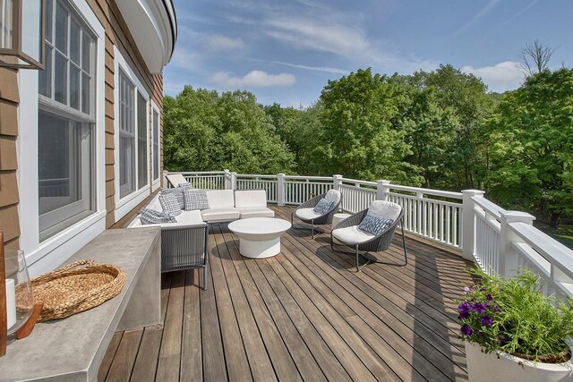 5 Sutton Farm Dr, Chappaqua, NY 10514 - wooden deck featuring an outdoor hangout area and a forest view