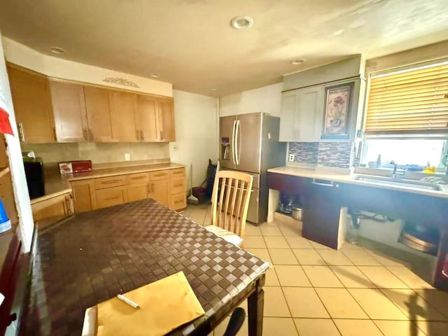 1314 College Point Blvd, College Point, NY 11356 - kitchen featuring stainless steel fridge, light tile patterned floors, backsplash, recessed lighting, and light brown cabinets
