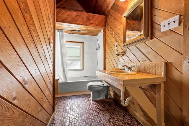 1314 College Point Blvd, College Point, NY 11356 - bathroom with wood walls, shower / bathtub combination with curtain, wood ceiling, and vanity