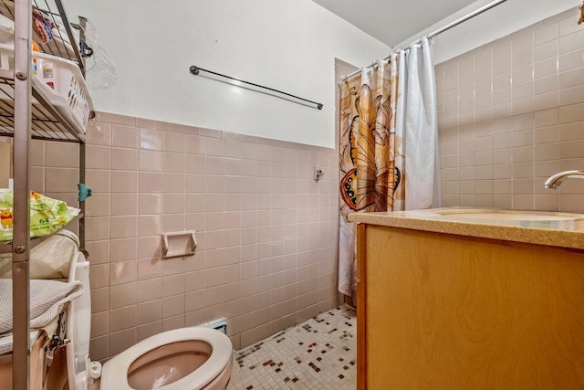 1314 College Point Blvd, College Point, NY 11356 - bathroom featuring tile walls, curtained shower, tile patterned flooring, vanity, and wainscoting