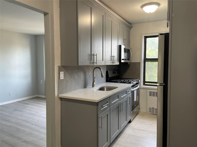 2 Fisher Dr Unit 307, Mount Vernon, NY 10552 - kitchen featuring stainless steel appliances, gray cabinetry, tasteful backsplash, light wood-style floors, and radiator