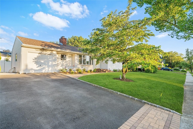 1942 Lilac Dr, Westbury, NY 11590 - view of front of house with an attached garage, asphalt driveway, a chimney, and a front yard