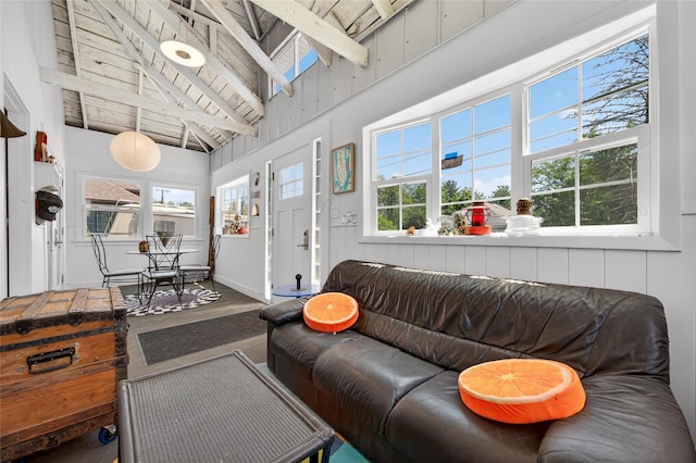 16 Broadway, Loch Sheldrake, NY 12759 - living area with a high ceiling and beamed ceiling