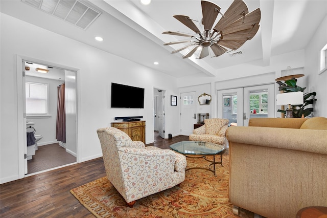 16 Broadway, Loch Sheldrake, NY 12759 - living room featuring dark wood-style floors, recessed lighting, ceiling fan, and french doors