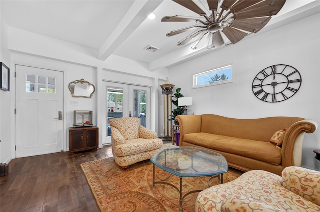 16 Broadway, Loch Sheldrake, NY 12759 - living room featuring french doors, dark wood-style flooring, and beam ceiling
