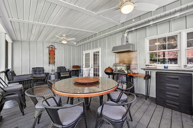 16 Broadway, Loch Sheldrake, NY 12759 - wooden terrace featuring ceiling fan, outdoor dining area, and french doors