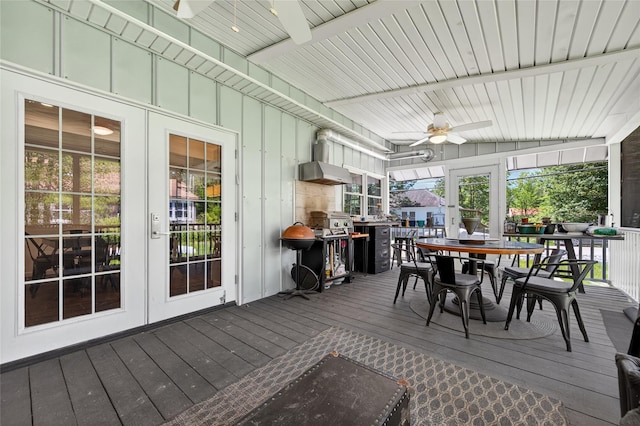 16 Broadway, Loch Sheldrake, NY 12759 - sunroom featuring ceiling fan, outdoor dining space, wood-type flooring, and french doors