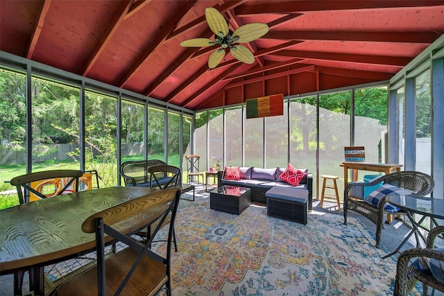 15 Cedar Ln, Cornwall, NY 12518 - sunroom featuring vaulted ceiling, a ceiling fan, an outdoor living space, and outdoor dining area