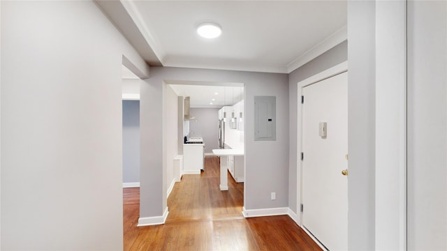 1133 Midland Ave Unit 3J, Bronxville, NY 10708 - hallway with wood finished floors, electric panel, and crown molding