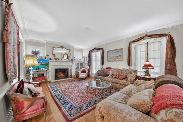 13 Garfield Pl, Poughkeepsie, NY 12601 - living area with ornamental molding, wood finished floors, a warm lit fireplace, and plenty of natural light