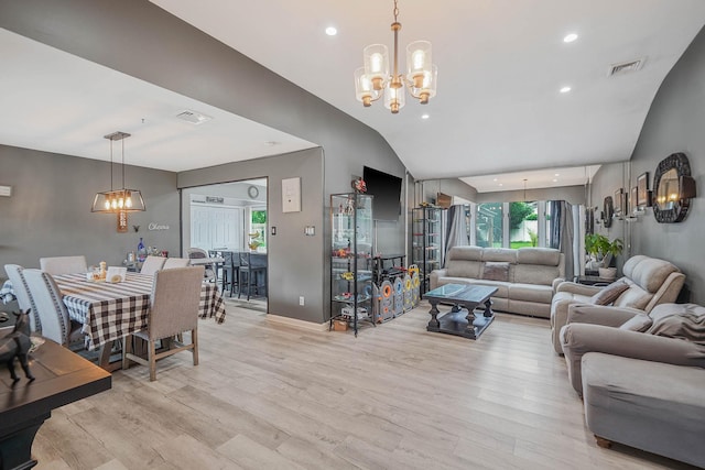 41 Linda St, Port Jefferson Station, NY 11776 - living room featuring a chandelier, light wood-style flooring, vaulted ceiling, and recessed lighting