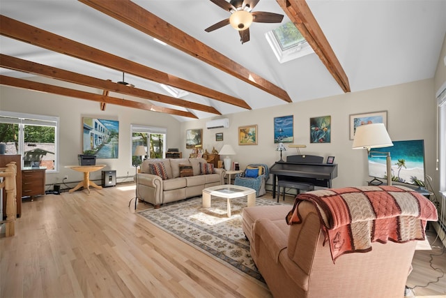 54 Bankside Dr, Centerport, NY 11721 - living area with a skylight, a wall mounted air conditioner, ceiling fan, a baseboard heating unit, and healthy amount of natural light