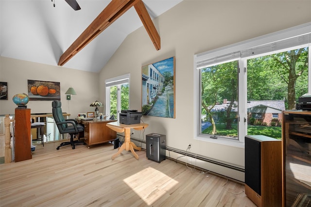 54 Bankside Dr, Centerport, NY 11721 - office area featuring baseboard heating, light wood finished floors, beam ceiling, a ceiling fan, and high vaulted ceiling