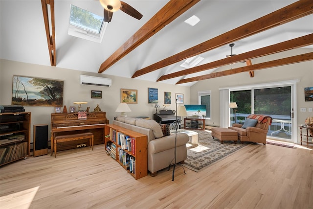 54 Bankside Dr, Centerport, NY 11721 - living area featuring a wall mounted AC, ceiling fan, wood finished floors, and a skylight