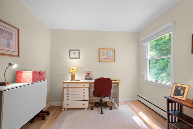 54 Bankside Dr, Centerport, NY 11721 - office area with a baseboard heating unit and light wood-style floors