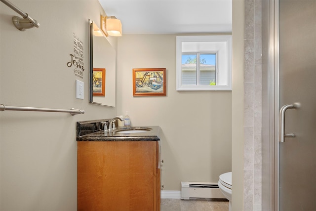 54 Bankside Dr, Centerport, NY 11721 - bathroom with baseboard heating, vanity, and a shower with door