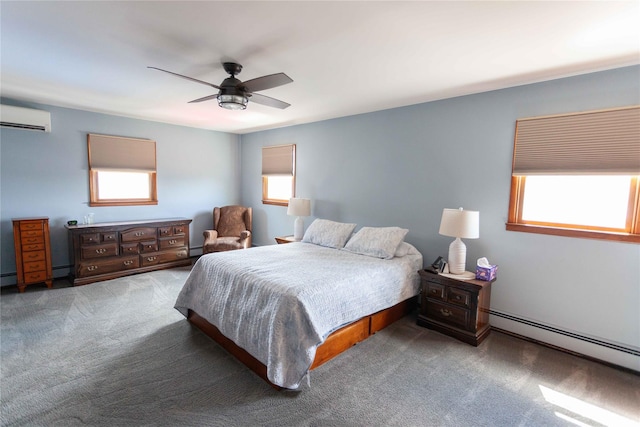 66 Parma Rd, Island Park, NY 11558 - carpeted bedroom with a baseboard heating unit, a wall mounted air conditioner, multiple windows, and ceiling fan