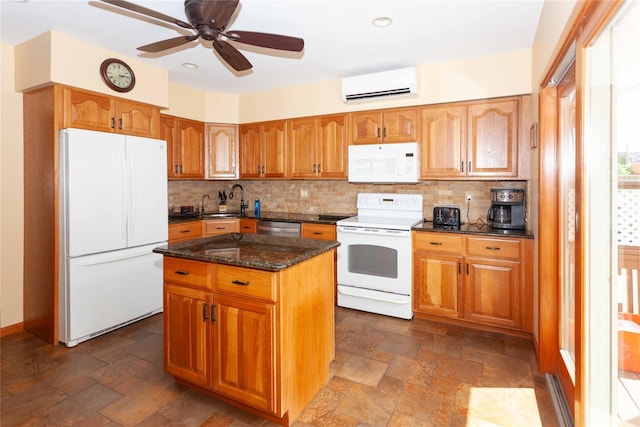66 Parma Rd, Island Park, NY 11558 - kitchen with white appliances, an AC wall unit, backsplash, stone tile flooring, and recessed lighting
