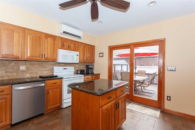 66 Parma Rd, Island Park, NY 11558 - kitchen with white appliances, a wall mounted air conditioner, stone tile flooring, backsplash, and ceiling fan