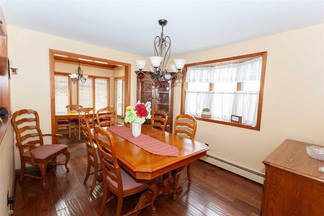 66 Parma Rd, Island Park, NY 11558 - dining space featuring a chandelier, a baseboard radiator, and wood finished floors