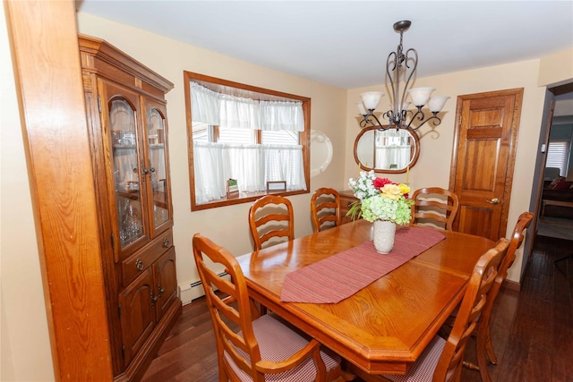 66 Parma Rd, Island Park, NY 11558 - dining area featuring a chandelier, dark wood-style floors, and a baseboard radiator