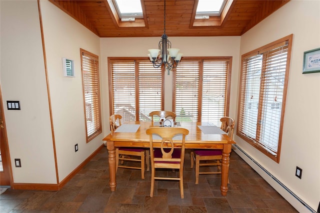 66 Parma Rd, Island Park, NY 11558 - dining room with a baseboard radiator, a skylight, healthy amount of natural light, and wooden ceiling