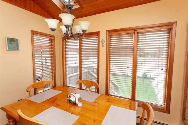 66 Parma Rd, Island Park, NY 11558 - dining area featuring wood ceiling, a chandelier, healthy amount of natural light, and baseboard heating