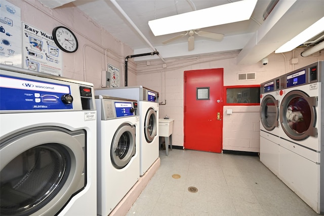 26-21 Union St Unit 1B, Flushing, NY 11354 - community laundry featuring independent washer and dryer, ceiling fan, light flooring, and concrete block wall