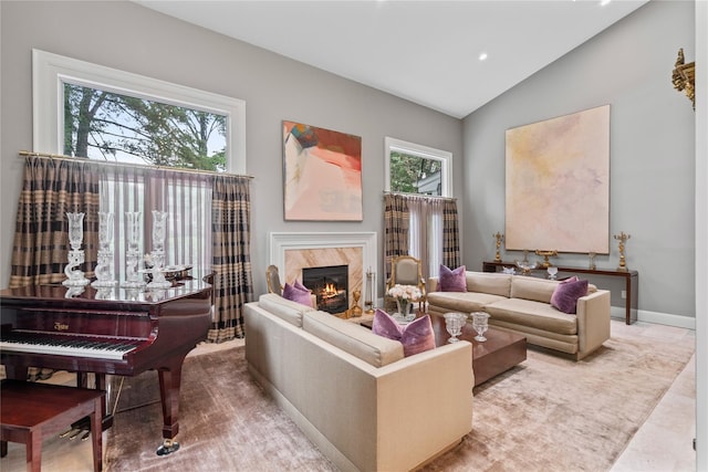 63 Sutton Pl, Manhasset, NY 11030 - living room featuring a fireplace, high vaulted ceiling, and recessed lighting