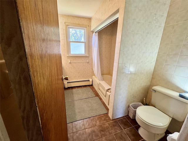 23 Chase Ln, Levittown, NY 11756 - bathroom featuring baseboard heating, tile walls, tile patterned flooring, and shower / bath combination with curtain
