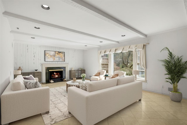 153 Waverly Rd, Scarsdale, NY 10583 - living area featuring beamed ceiling, a premium fireplace, light tile patterned floors, and recessed lighting