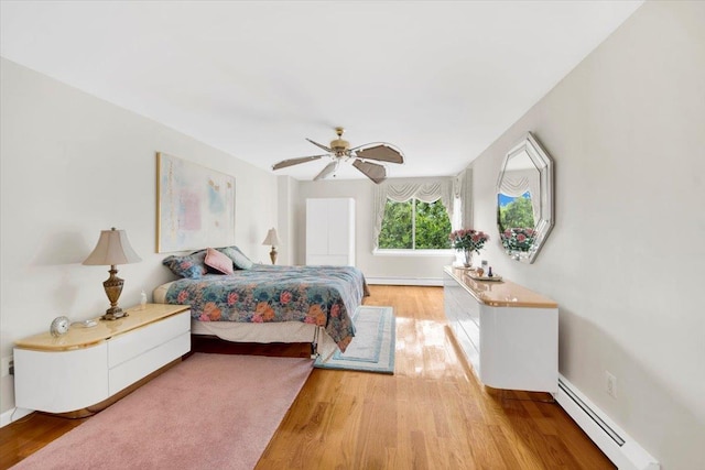 2 Fountain Ln Unit 3P, Scarsdale, NY 10583 - bedroom featuring a baseboard radiator, light wood-style flooring, and ceiling fan