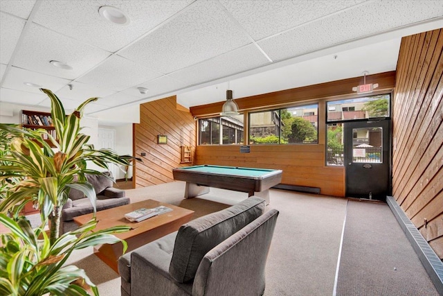 2 Fountain Ln Unit 3P, Scarsdale, NY 10583 - rec room with a paneled ceiling, pool table, wood walls, and carpet