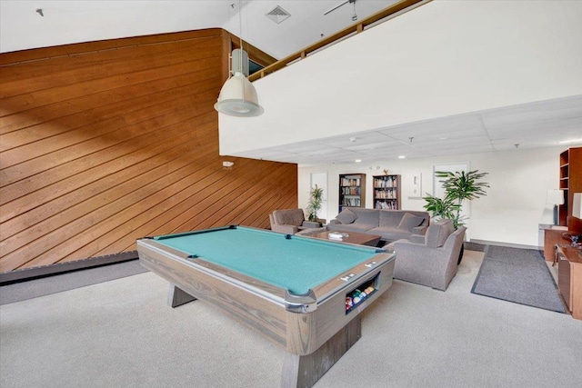 2 Fountain Ln Unit 3P, Scarsdale, NY 10583 - recreation room featuring carpet, billiards table, wood walls, and a high ceiling