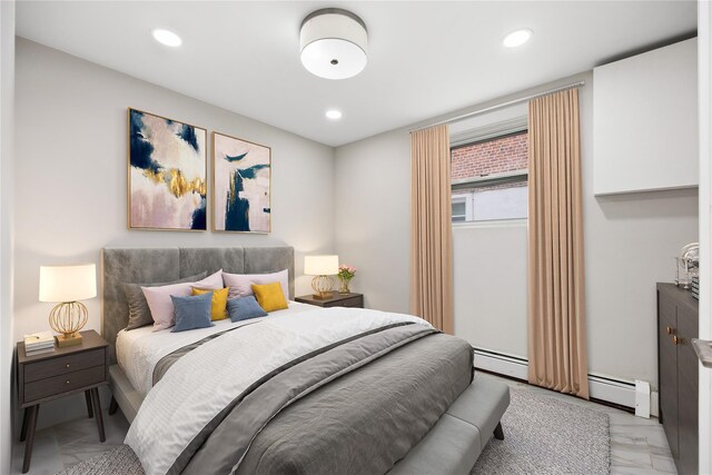 2715 Seymour Ave, Bronx, NY 10469 - bedroom featuring light marble finish flooring, a baseboard radiator, and recessed lighting
