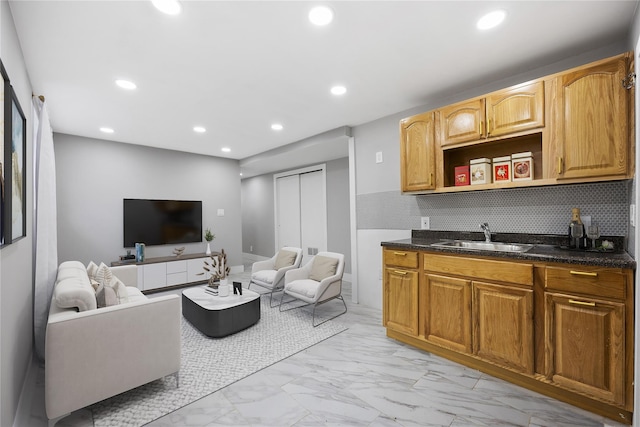 2715 Seymour Ave, Bronx, NY 10469 - living room with light marble finish floors, wet bar, and recessed lighting