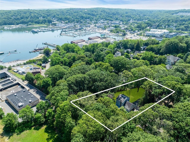 212 Sheldrake Ave, Port Jefferson, NY 11777 - aerial view of property and surrounding area featuring property parcel outlined, a large body of water, and a marina