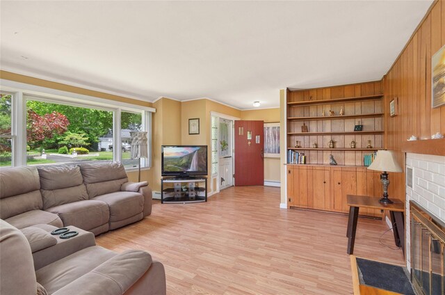 16 Colonial Dr, East Patchogue, NY 11772 - living room featuring light wood-style floors, crown molding, and a fireplace