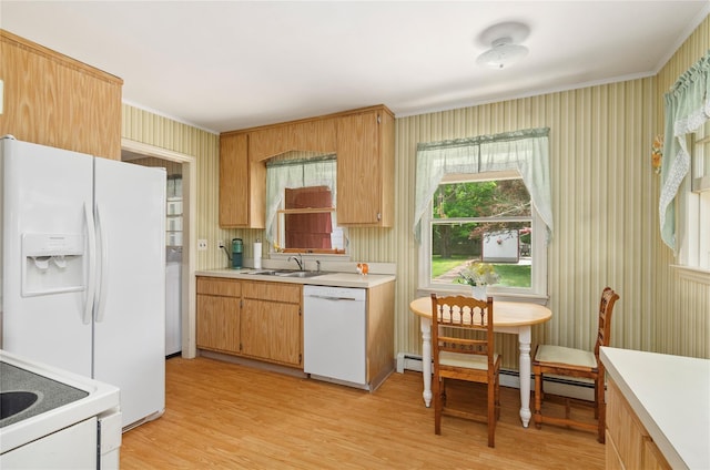 16 Colonial Dr, East Patchogue, NY 11772 - kitchen featuring white appliances, light countertops, ornamental molding, light wood-style floors, and a baseboard radiator