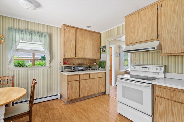 16 Colonial Dr, East Patchogue, NY 11772 - kitchen featuring electric stove, exhaust hood, light countertops, baseboard heating, and light wood-type flooring